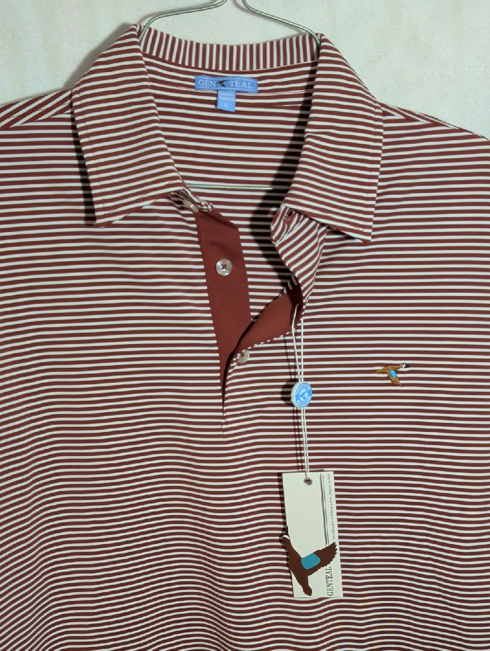 GENTEAL Burgundy and White Striped Polo with Embroidered Chest Logo